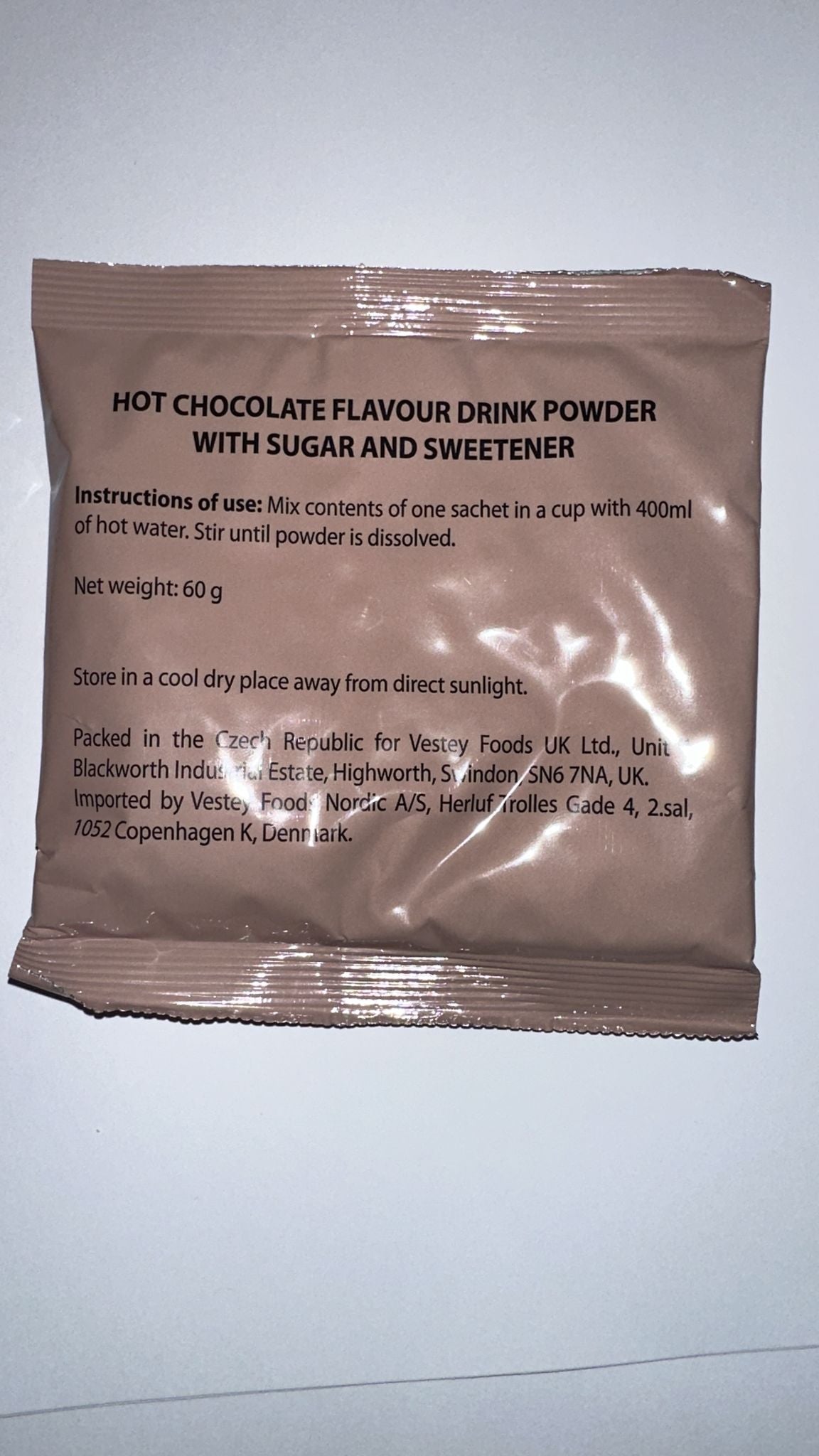 British army Ration Pack - Hot Chocolate flavour drink powder with sugar and sweetener