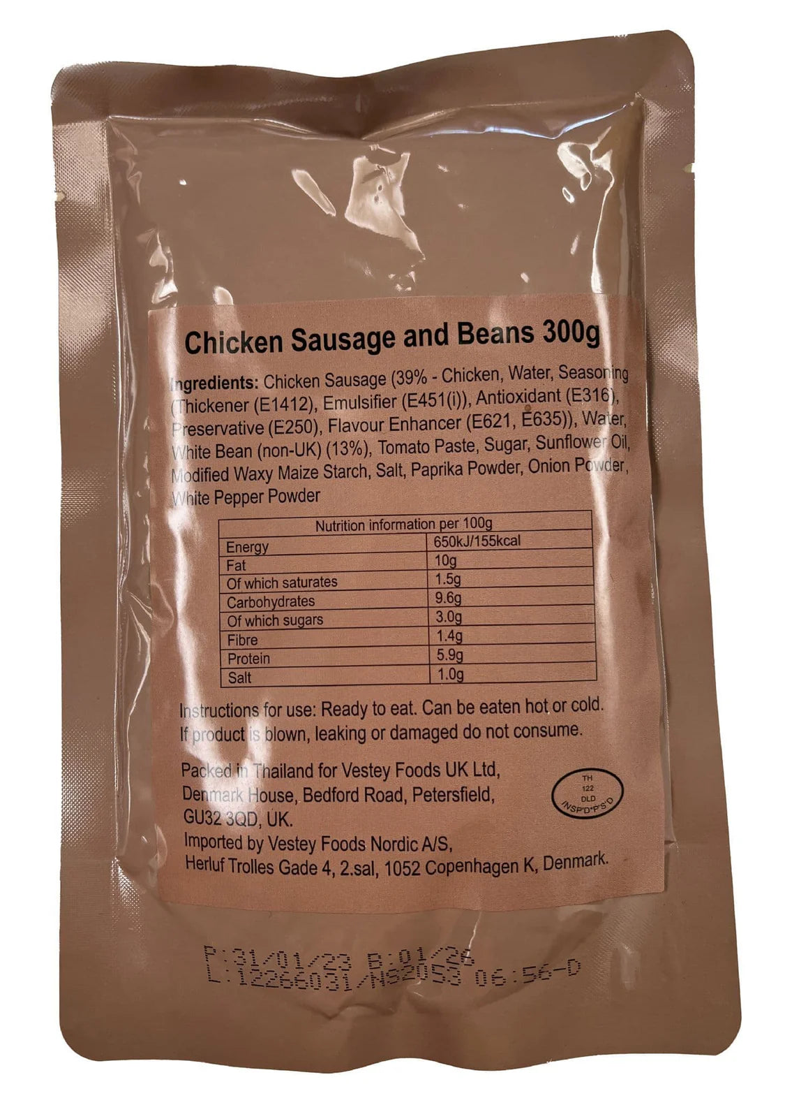 British Army Ration Main Meal Pouch - Chicken Sausage & Beans 300g
