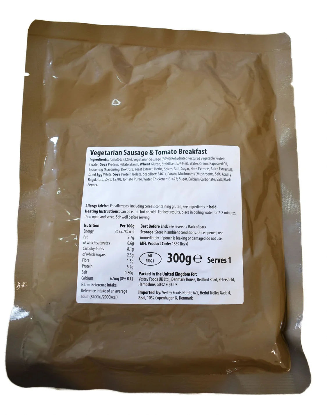 British Army Ration Main Meal Pouch - Vegetarian Sausage & Tomato Breakfast 300g
