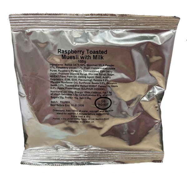 British Military Ration Meal Breakfast Pouch - Raspberry Toasted Muesli With Milk