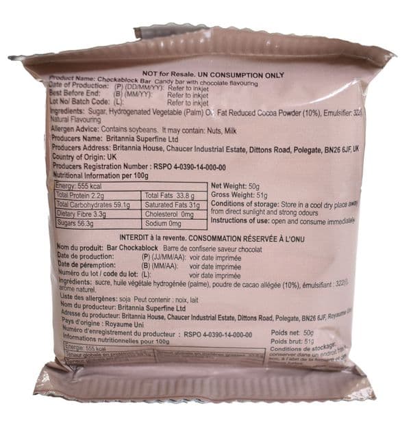 British Military Ration Pack Accessory Chockablock Chocolate Bar 50g