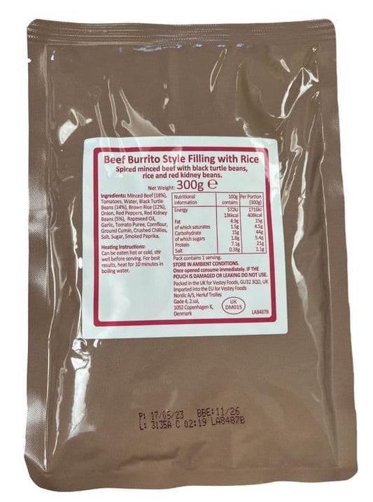 British Military Ration Main Meal Pouch - Beef Burrito Style Filling With Rice 300g