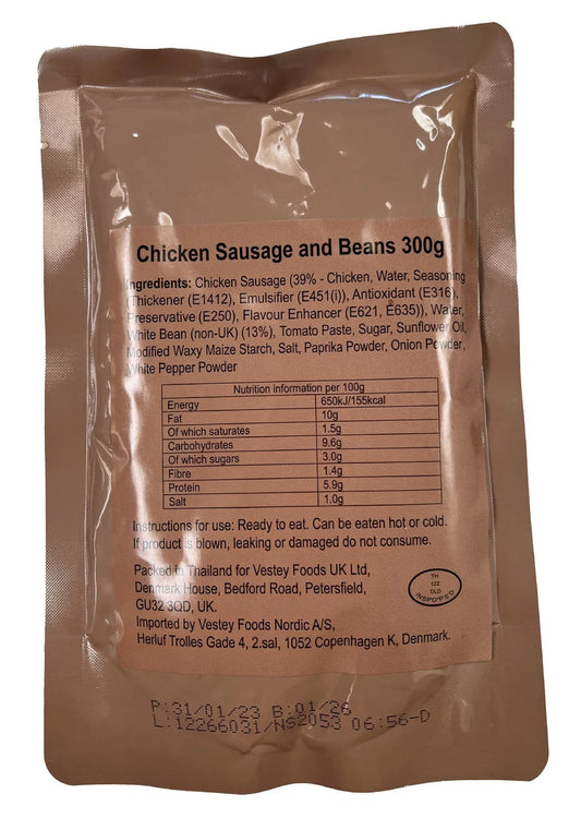British Army Ration Main Meal Pouch - Chicken Sausage & Beans 300g